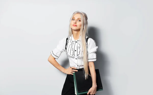 Studio Portrait Young Blonde Beautiful Girl Holding Folders Hand White — Foto Stock