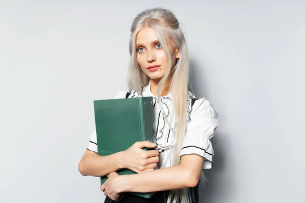 Studio Portrait Young Blonde Cute Teenager Girl Holding Folder Hands — Stock Photo, Image