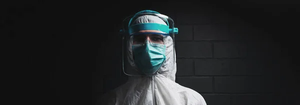 Studio Portrait Doctor Protective Suit Black Background Panoramic Banner View — Stockfoto