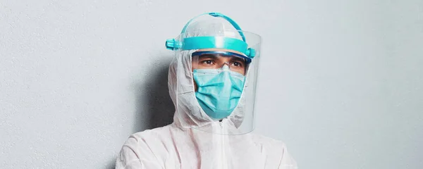 Studio Portrait Doctor Protective Suit White Background Panoramic Banner View — Stock Photo, Image