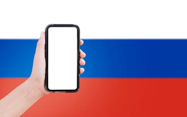 Close Male Hand Holding Smartphone Blank Screen Background Blurred Flag —  Fotos de Stock