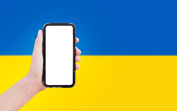 Close Male Hand Holding Smartphone Blank Screen Background Blurred Flag — Stock Fotó