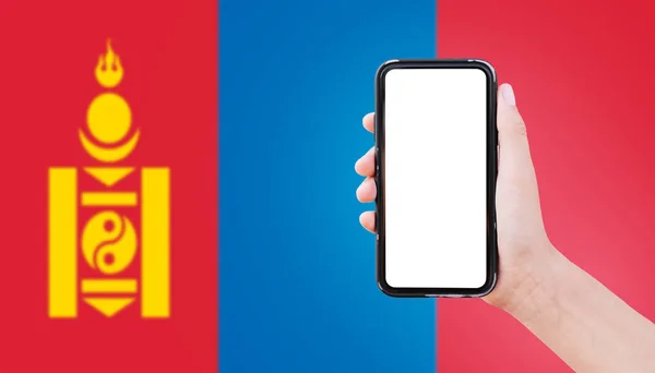 Close Male Hand Holding Smartphone Blank Screen Background Blurred Flag — 스톡 사진