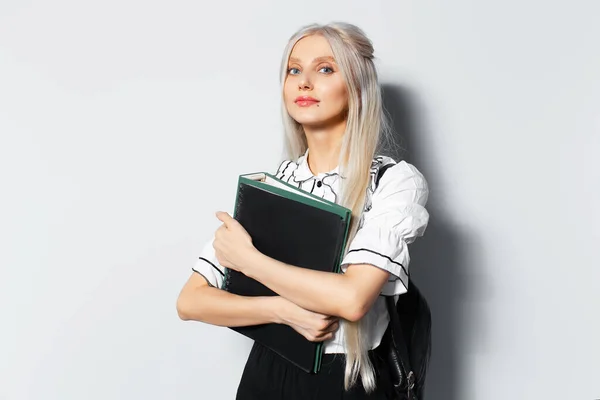 Studio Portrait Young Blonde Beautiful Girl Holding Folders Hand Wearing — Stock Photo, Image
