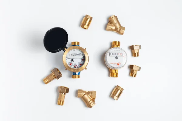 Close Two Water Meters Hot Cold Water Other Plumbing Supplies — Foto de Stock