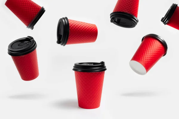 Collage Many Paper Cups Coffee Takeaway Red Color Plastic Black — 스톡 사진