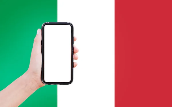 Close Male Hand Holding Smartphone Blank Screen Background Blurred Flag — Stockfoto