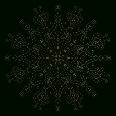 Altın yuvarlak süs, çerçeve, sınır, çizgi sanat simgesi. Vektör doğrusal geometrik motif. Broşür, davetiye kartı, logo, monogram ve amblem için izole tasarım unsuru. Altın ve siyah arkaplan