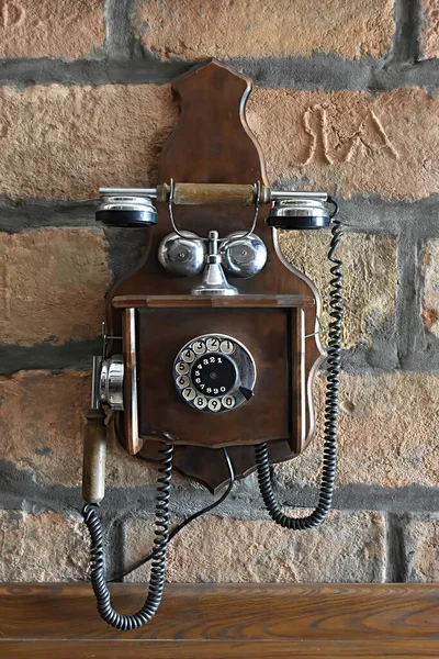 Retro Vintage Telephone Hanging Brick Wall — Stock Photo, Image