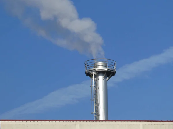 Fumo Fuoriesce Camino Sul Tetto Impianto Industriale Ambiente Concettuale — Foto Stock