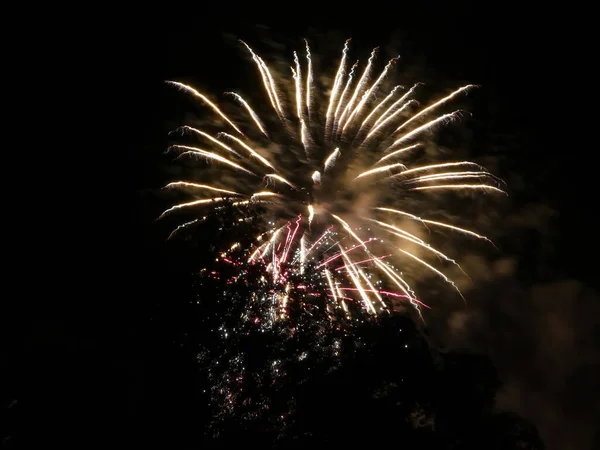Beautiful Fireworks Explosion Dark Night Sky — ストック写真