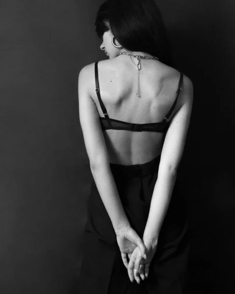 Beautiful Female Portrait Black Background Lingerie Accessories — Stock Photo, Image