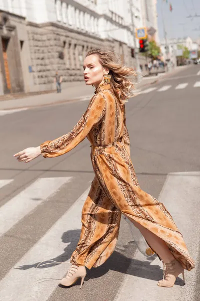 Retrato Rua Uma Menina Elegante Com Limões Vestido Leopardo Com — Fotografia de Stock
