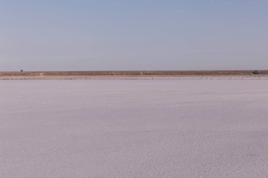 Tuzlu pembe bir göl üzerindeki güzel manzara. Doğa dokuları ve arka planlar