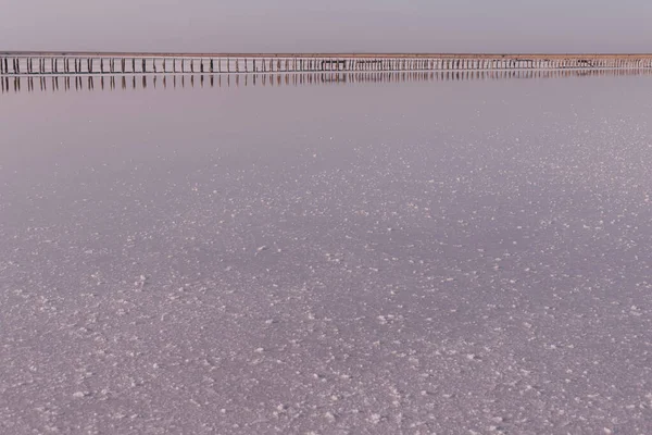 Tuzlu pembe bir göl üzerindeki güzel manzara. Doğa dokuları ve arka planlar