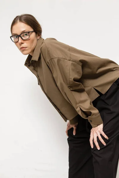 Stylish Beautiful Girl Studio Posing Concrete Wall — Stock Photo, Image