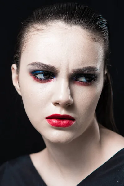 Creative Beauty Portrait Red Lips Blue Eyes Black Background — Stock Photo, Image