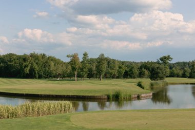 Ağaçlı, boş mavi bir tarlası olan bir golf sahası.
