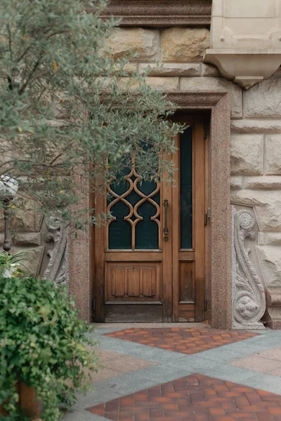 Beautiful Vintage Wood Doors Stone Wall Olive Tree — стоковое фото