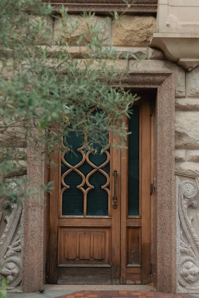 Beautiful Vintage Wood Doors Stone Wall Olive Tree — стоковое фото