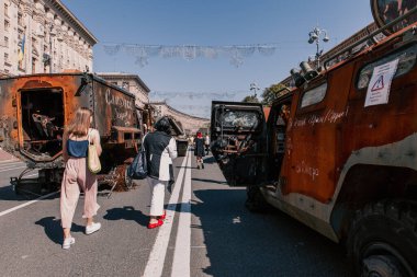 A parade of broken Russian military equipment in the city center on Khreshchatyk Street.