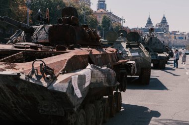 A parade of broken Russian military equipment in the city center on Khreshchatyk Street.