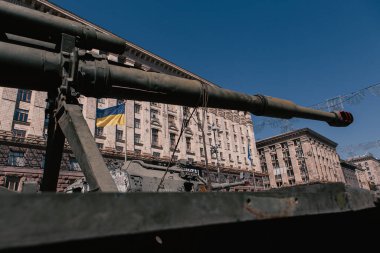 A parade of broken Russian military equipment in the city center on Khreshchatyk Street.