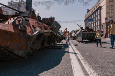 A parade of broken Russian military equipment in the city center on Khreshchatyk Street.