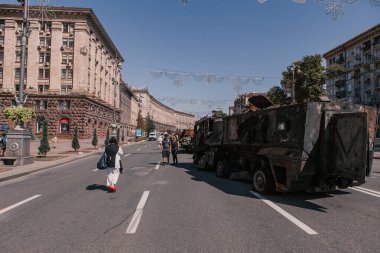 A parade of broken Russian military equipment in the city center on Khreshchatyk Street.
