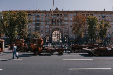 A parade of broken Russian military equipment in the city center on Khreshchatyk Street.