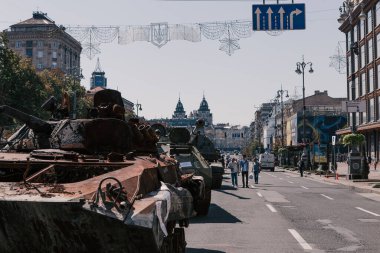A parade of broken Russian military equipment in the city center on Khreshchatyk Street.