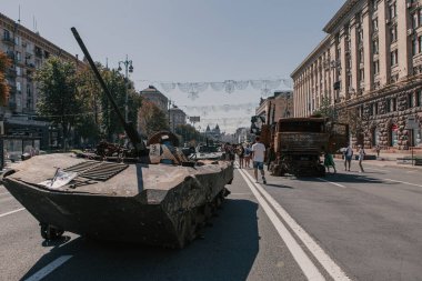 A parade of broken Russian military equipment in the city center on Khreshchatyk Street.