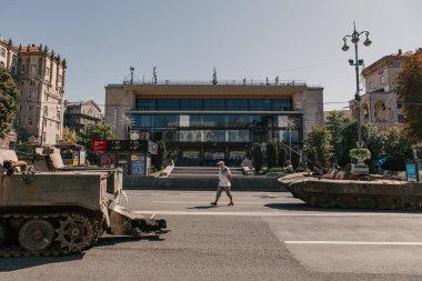 A parade of broken Russian military equipment in the city center on Khreshchatyk Street.