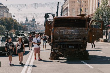 A parade of broken Russian military equipment in the city center on Khreshchatyk Street.