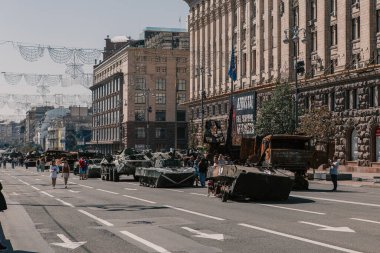 A parade of broken Russian military equipment in the city center on Khreshchatyk Street.