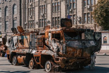 A parade of broken Russian military equipment in the city center on Khreshchatyk Street.