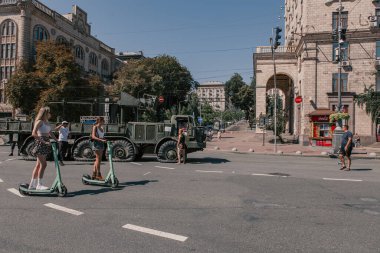 A parade of broken Russian military equipment in the city center on Khreshchatyk Street.