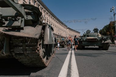 A parade of broken Russian military equipment in the city center on Khreshchatyk Street.