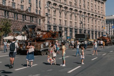 A parade of broken Russian military equipment in the city center on Khreshchatyk Street.