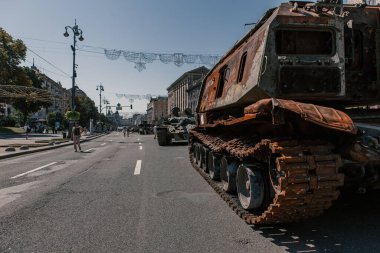 A parade of broken Russian military equipment in the city center on Khreshchatyk Street.