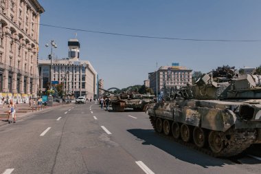 A parade of broken Russian military equipment in the city center on Khreshchatyk Street.