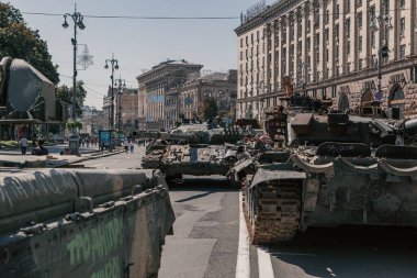 A parade of broken Russian military equipment in the city center on Khreshchatyk Street.