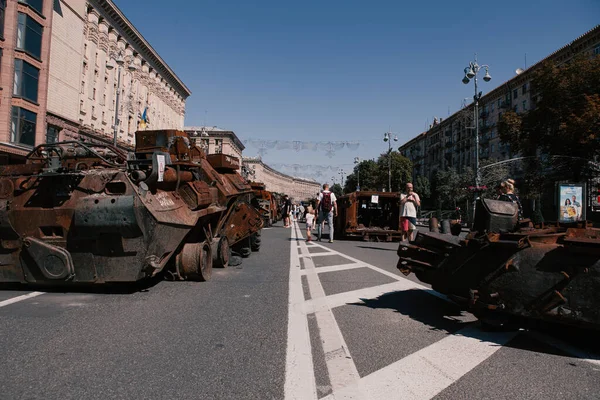 A parade of broken Russian military equipment in the city center on Khreshchatyk Street.