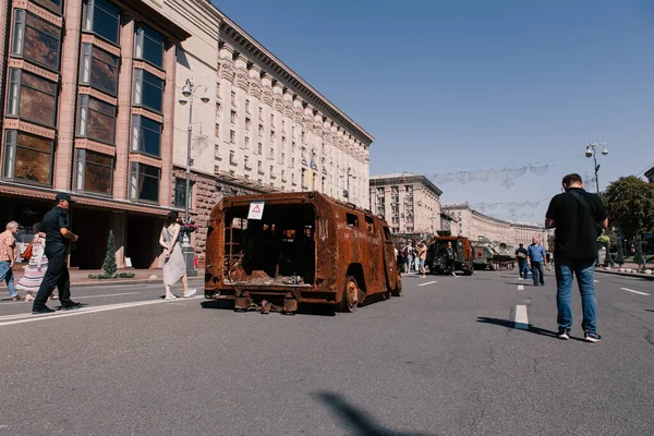 A parade of broken Russian military equipment in the city center on Khreshchatyk Street.