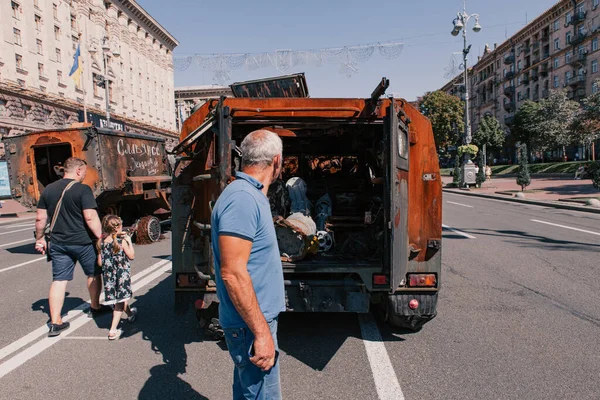A parade of broken Russian military equipment in the city center on Khreshchatyk Street.