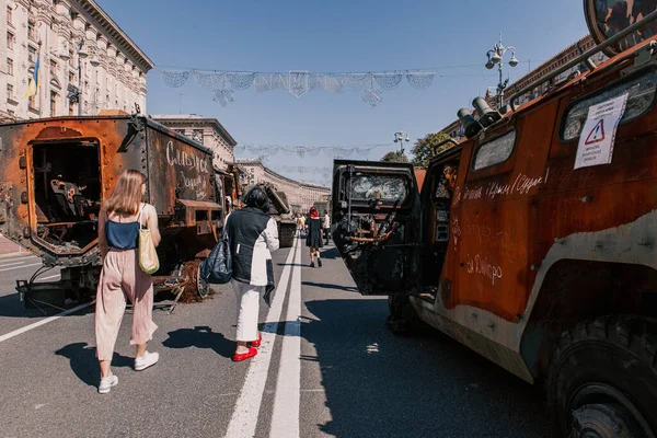 A parade of broken Russian military equipment in the city center on Khreshchatyk Street.
