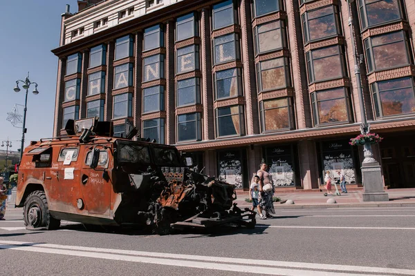 A parade of broken Russian military equipment in the city center on Khreshchatyk Street.