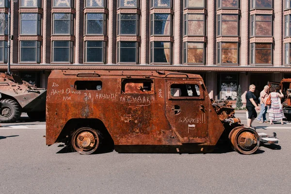 A parade of broken Russian military equipment in the city center on Khreshchatyk Street.