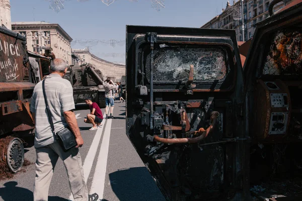 A parade of broken Russian military equipment in the city center on Khreshchatyk Street.