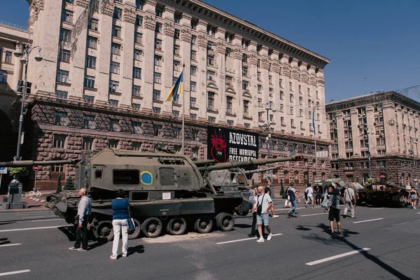 A parade of broken Russian military equipment in the city center on Khreshchatyk Street.